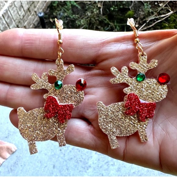 Rudolph Reindeer Earrings Handmade Christmas Whimsical Hooks Glitter Acc… - Picture 2 of 12